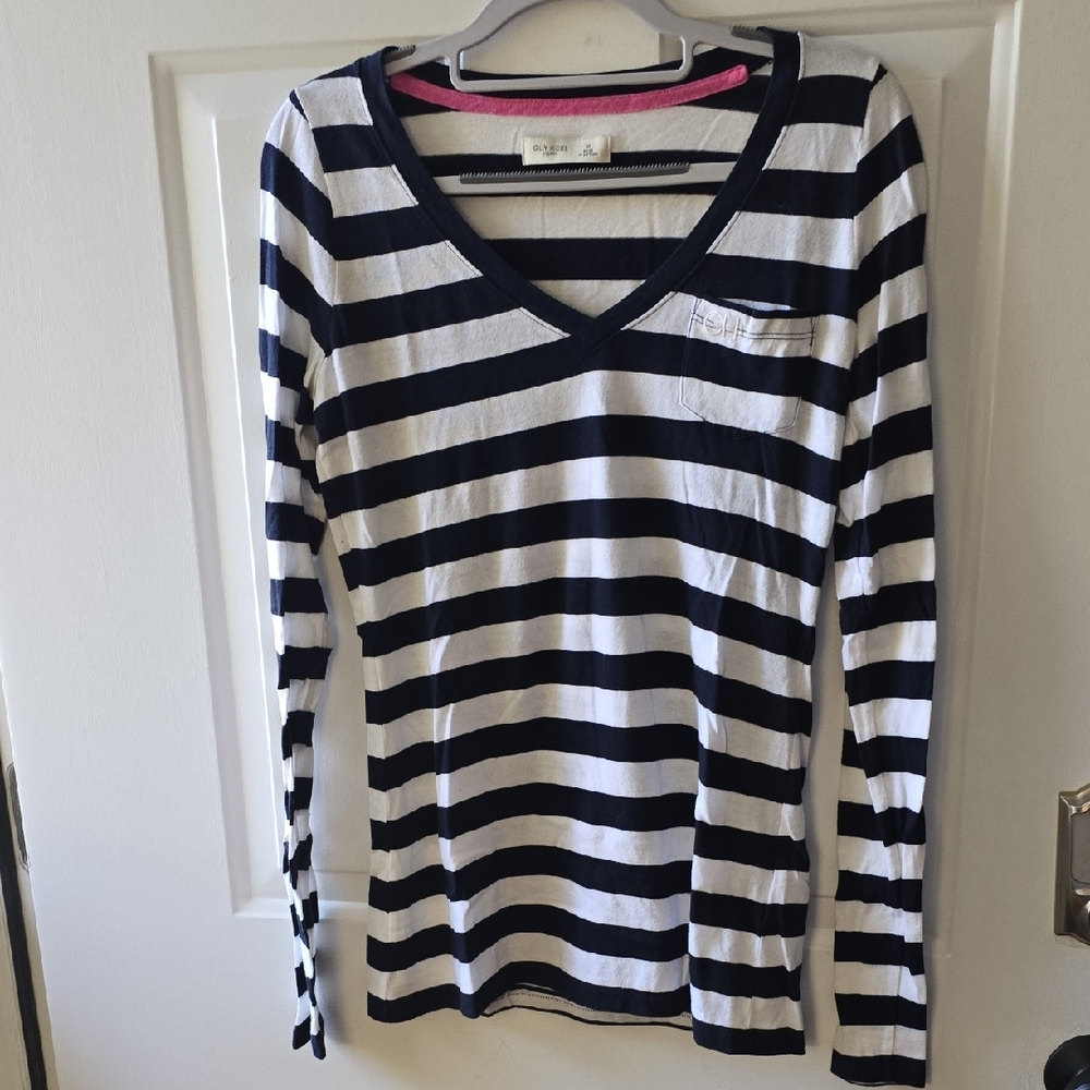 Gilly Hicks Navy and White Striped Long Sleeve V-Neck